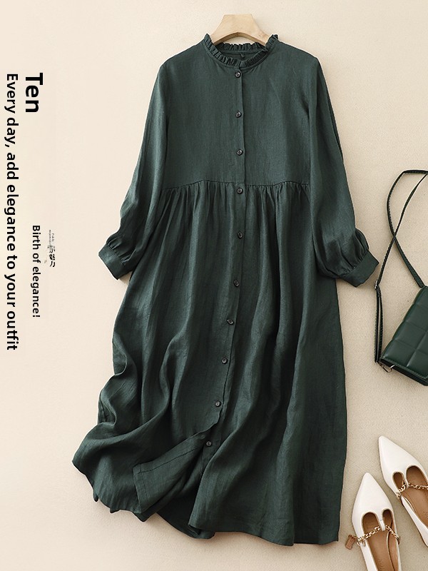 Casual Loose Linen Shirt Dress - Loszittende, comfortabele katoenen linnen jurk met