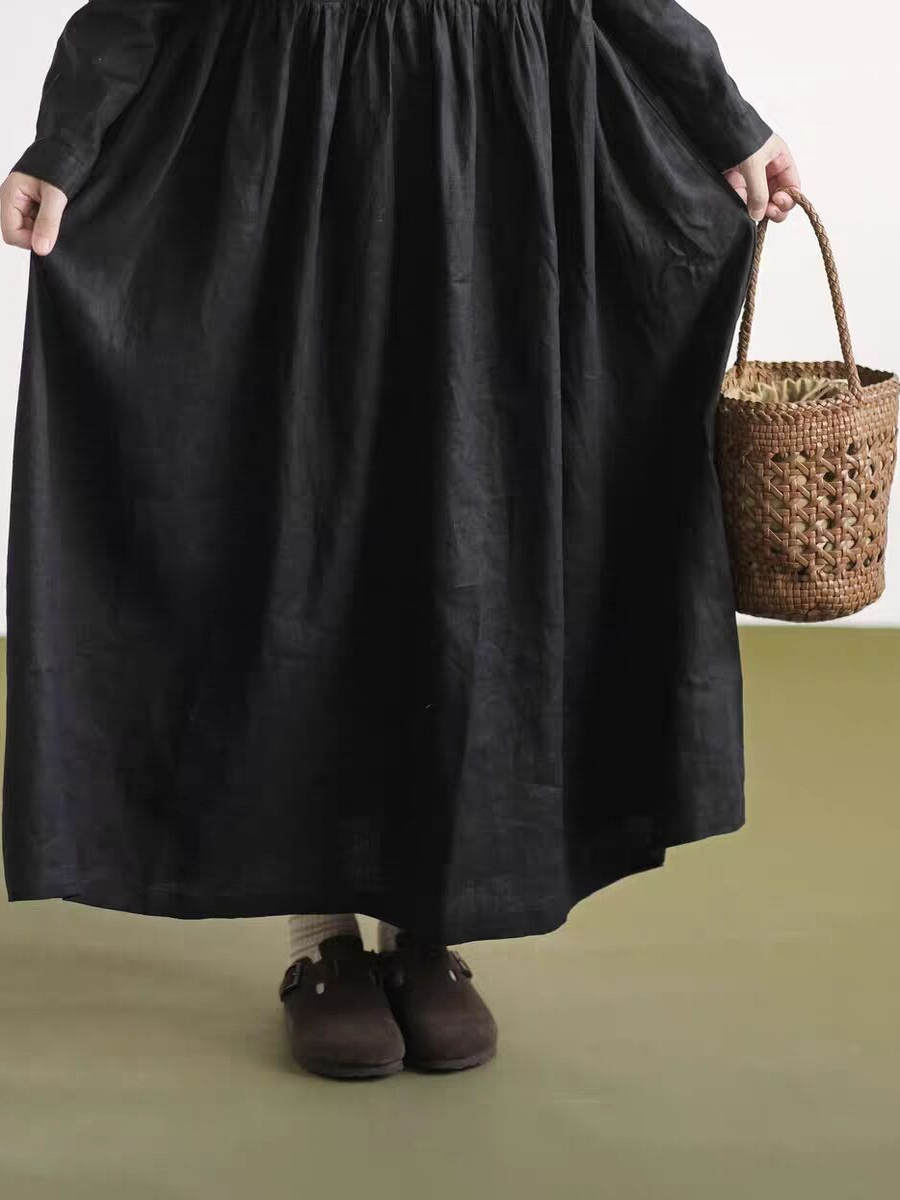 Zwarte kanten kraag, lange mou - Casual Loose Linen Shirt Dress recensie en prijs