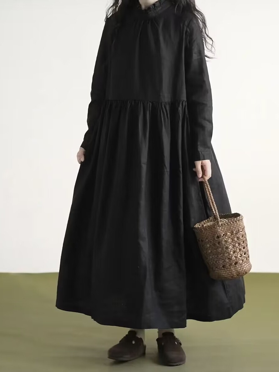Zwarte kanten kraag, lange mou - Casual Loose Linen Shirt Dress recensie en prijs
